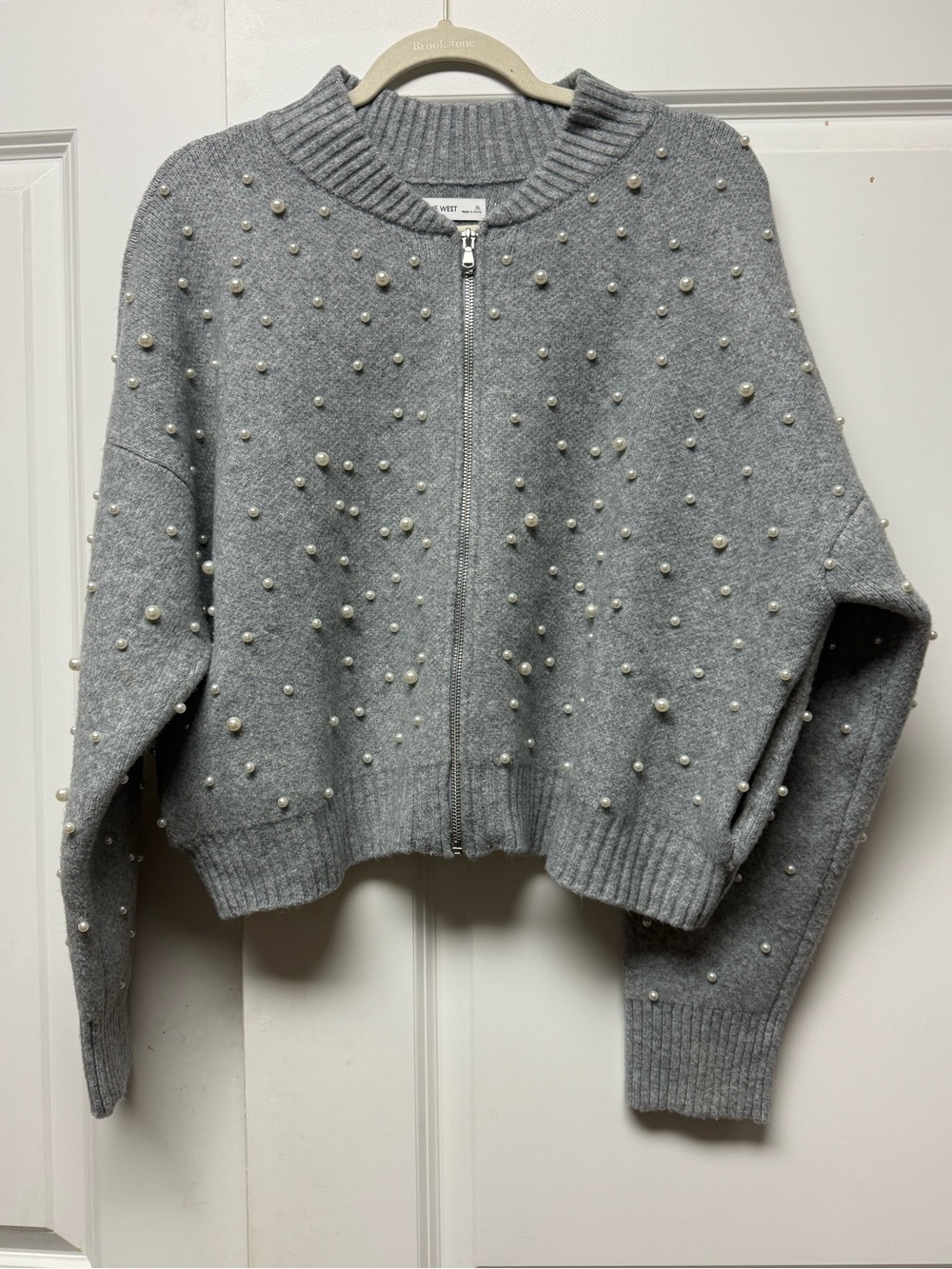Nine West Gray Pearl-Embellished Zip Cardigan